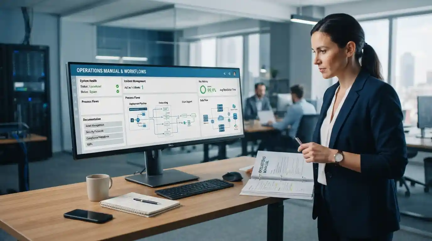 Business professional reviewing digital operations documentation on a computer in a modern workplace