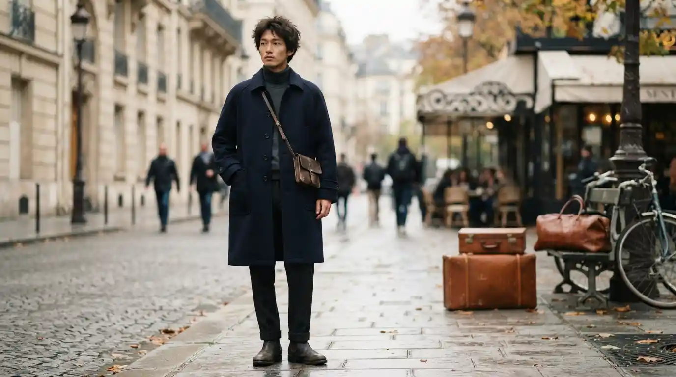 Model wearing a relaxed navy wool traveller coat with raglan sleeves and large pockets on a cool city street.