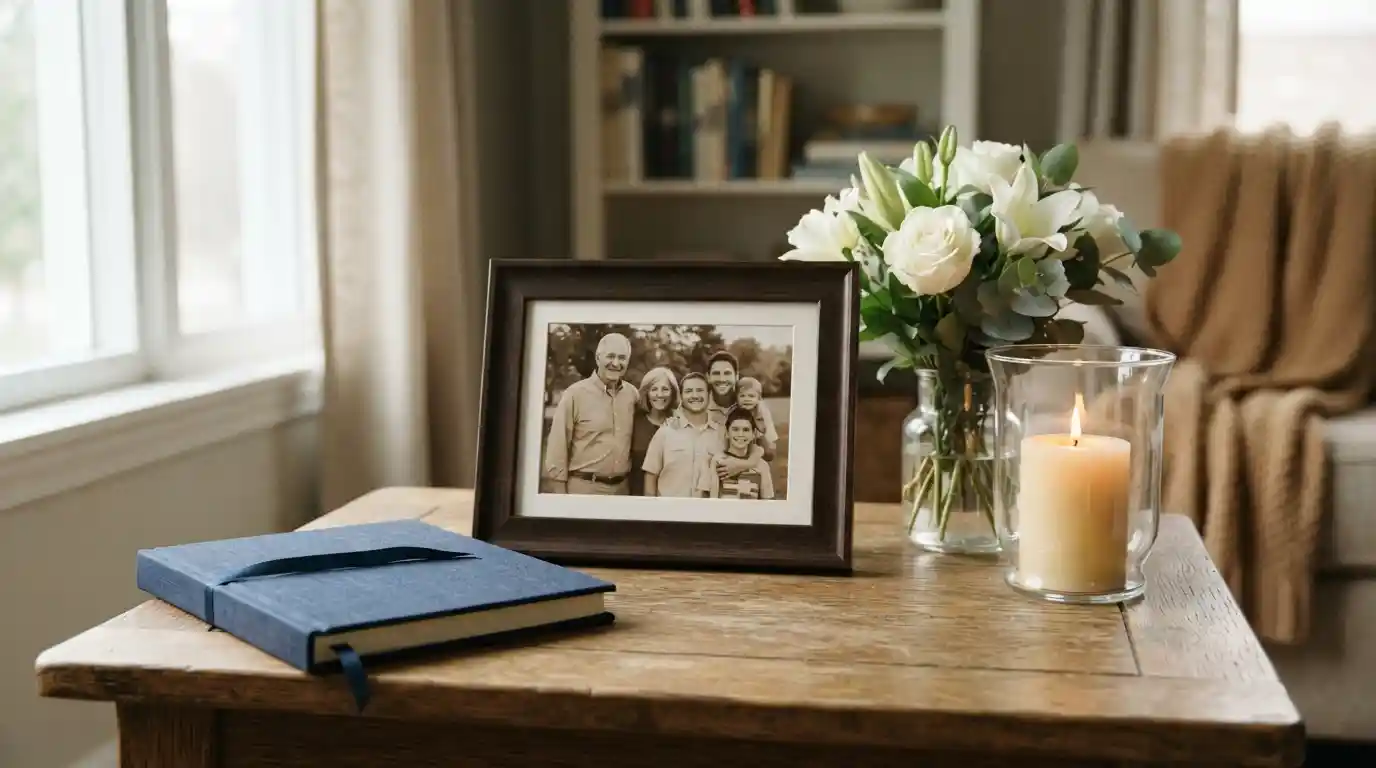 A framed family photograph, flowers, candle, and remembrance book arranged on a table