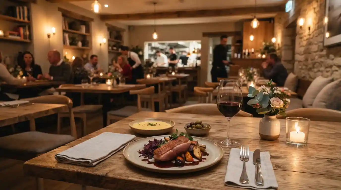 Elegant restaurant dining room with a beautifully presented meal and warm ambient lighting