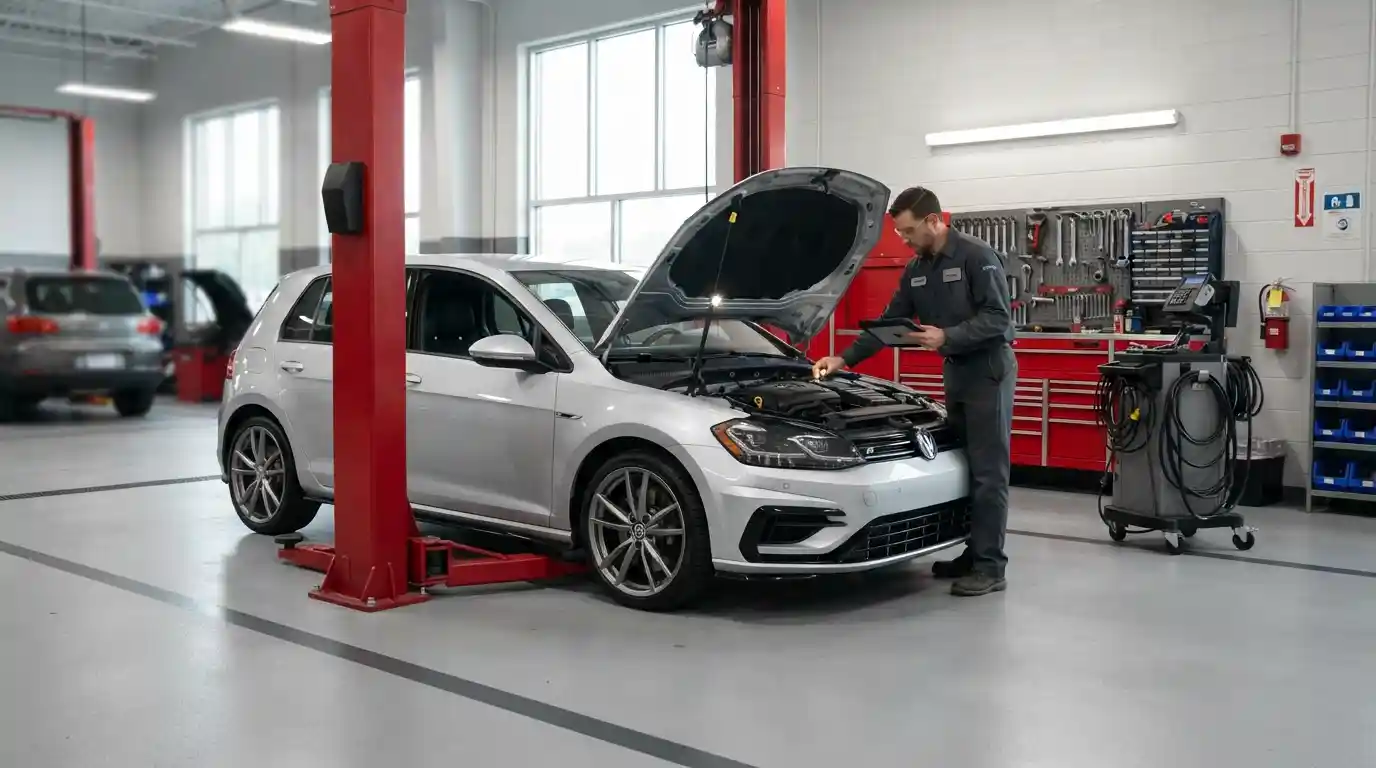 Technician inspecting a passenger vehicle inside a professional auto repair service bay
