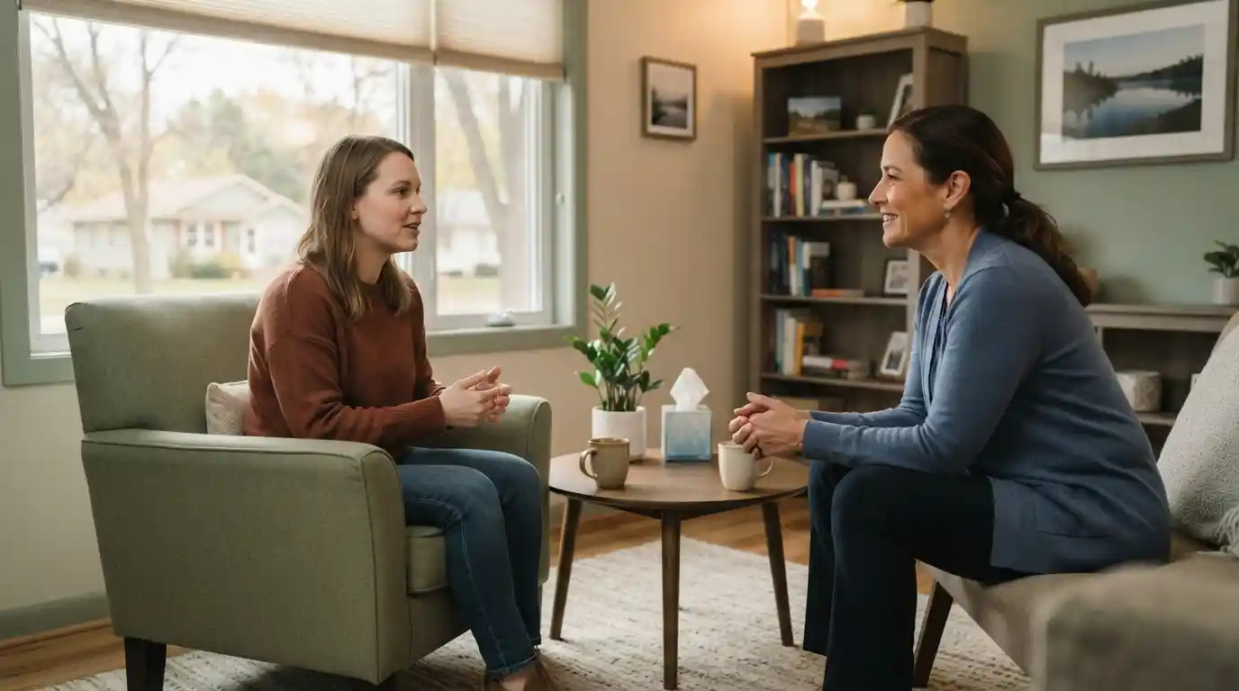 A mental health counselor listening to an adult client in a calm, welcoming therapy office.