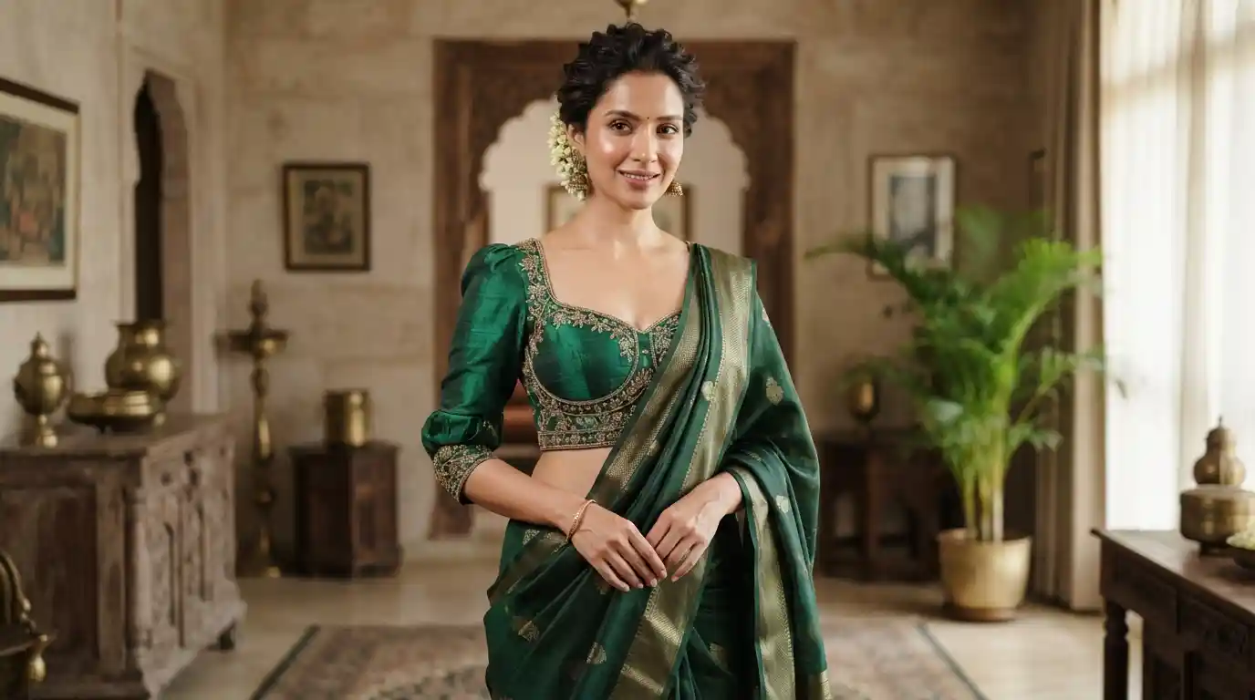 Elegant South Asian woman wearing a modern saree with a detailed statement blouse
