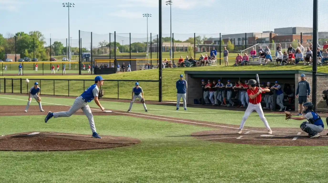 Youth baseball players competing during a tournament on a synthetic turf field
