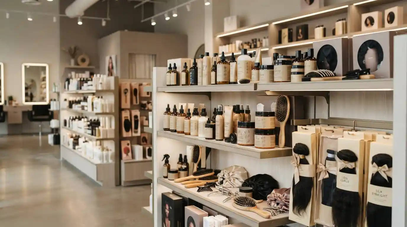 Premium hair, grooming, and beauty products displayed in an organized beauty supply store