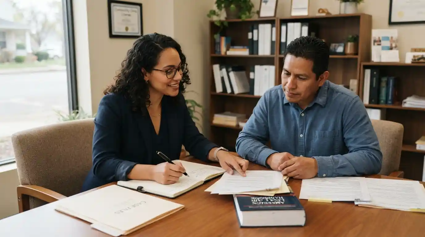 Attorney and client reviewing legal documents during a community legal aid consultation