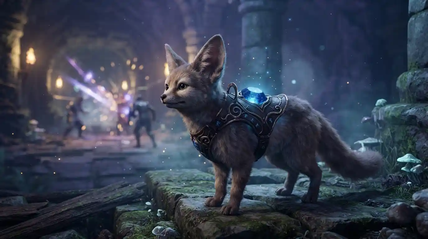 Fantasy gaming companion equipped with a glowing Maycast jewel in a dungeon setting