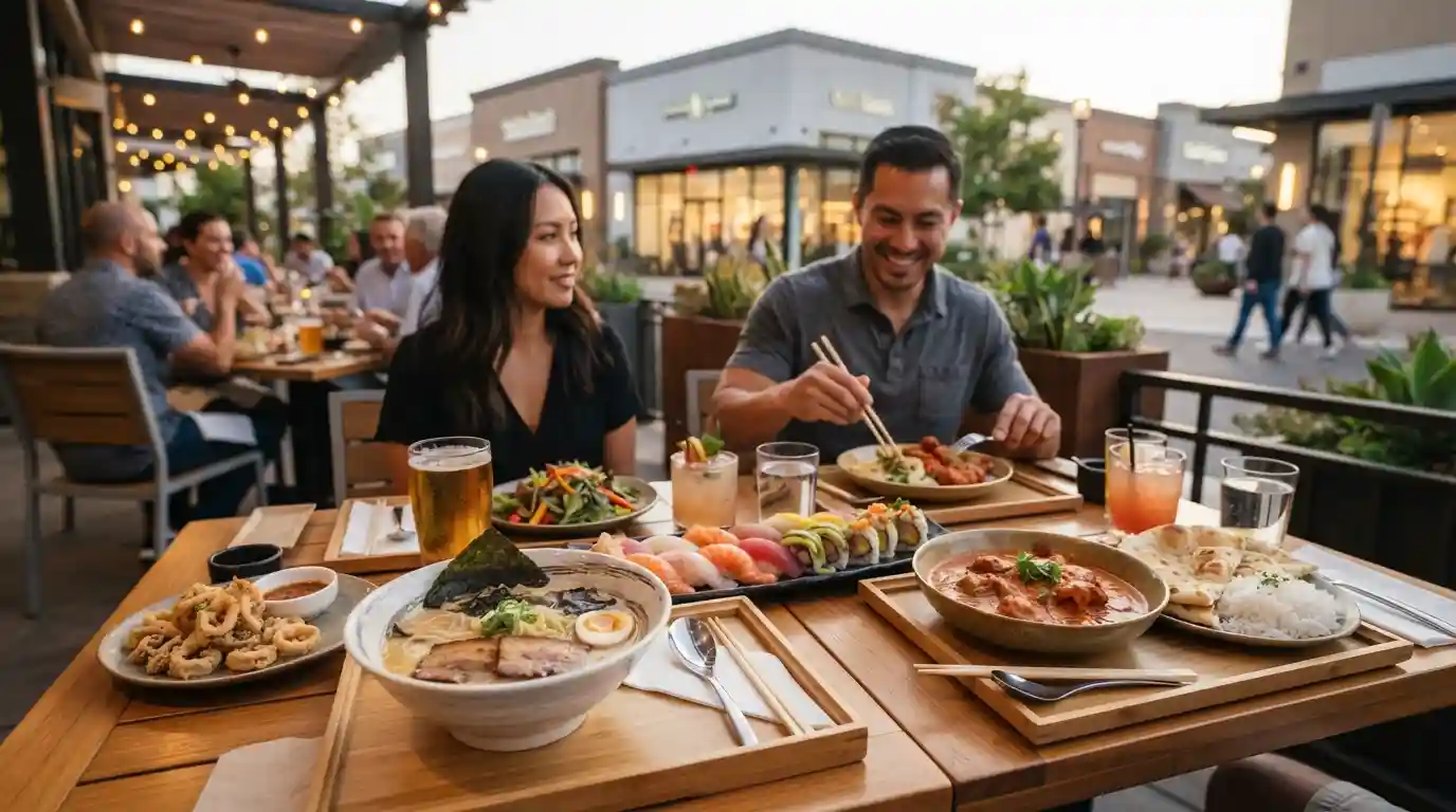 A selection of diverse dishes on a restaurant table representing the dining scene around McCarthy Ranch in Milpitas