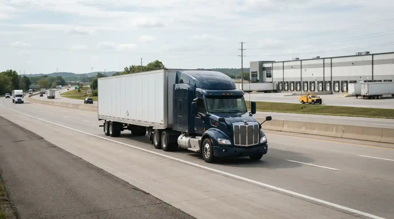 A semi-truck transporting freight on an American interstate near a modern distribution facility.