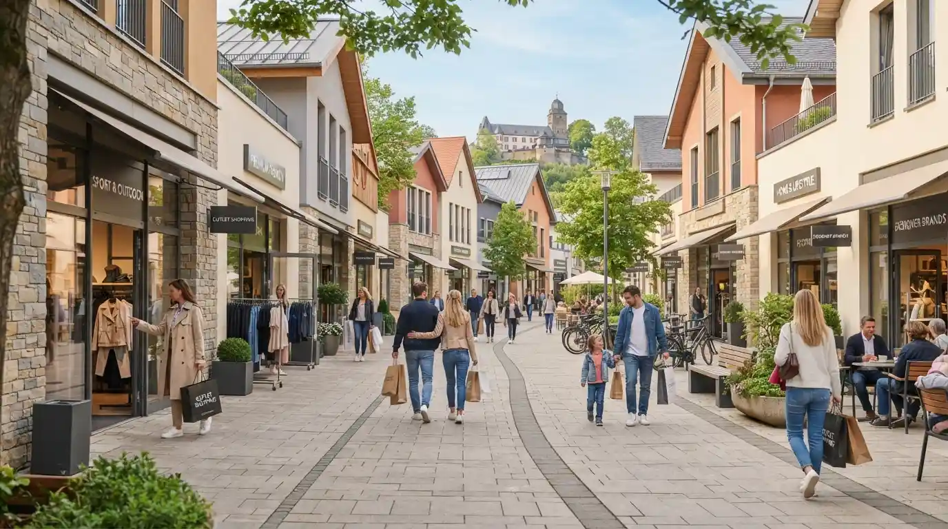 Pedestrian shopping area at a modern fashion outlet in Montabaur, Germany