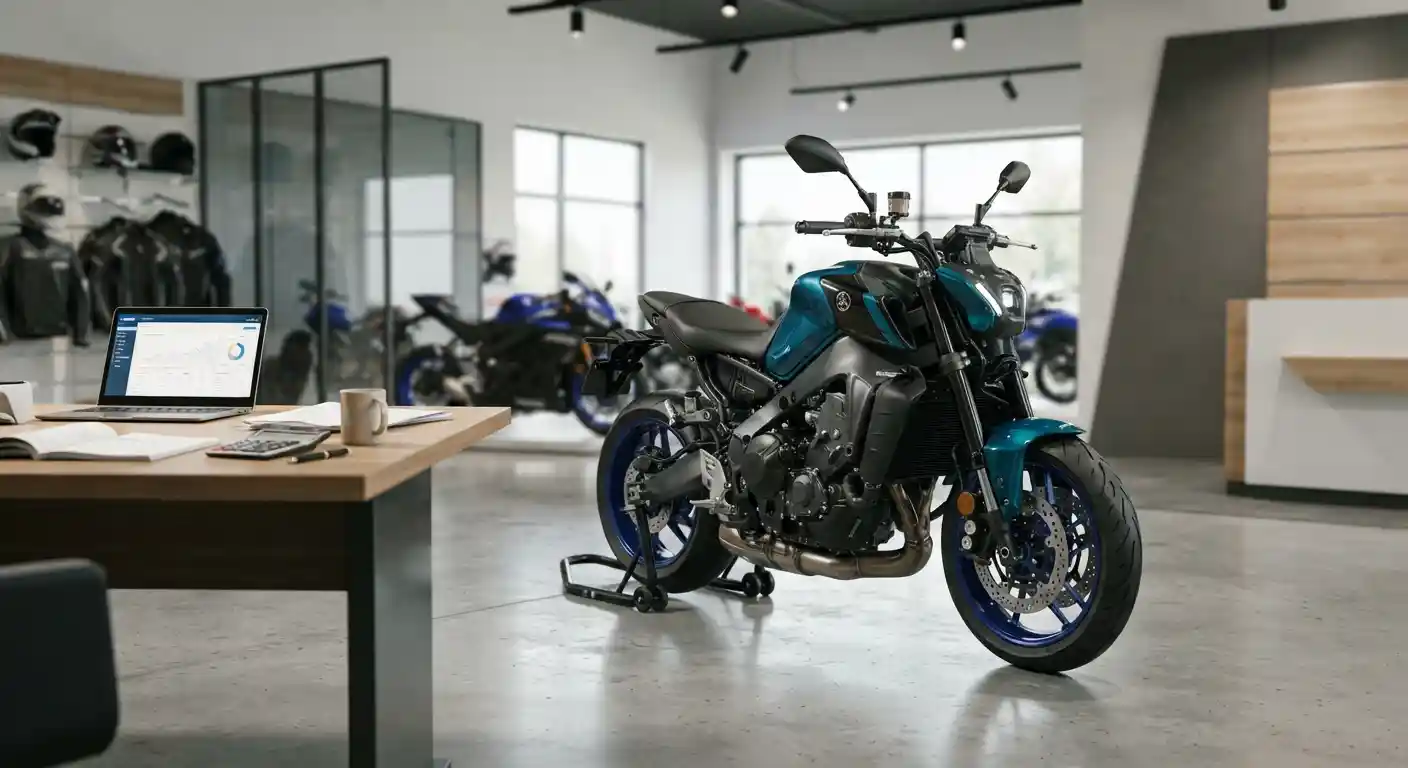 Yamaha MT-09-style motorcycle displayed in a dealership showroom with financing paperwork and a laptop nearby