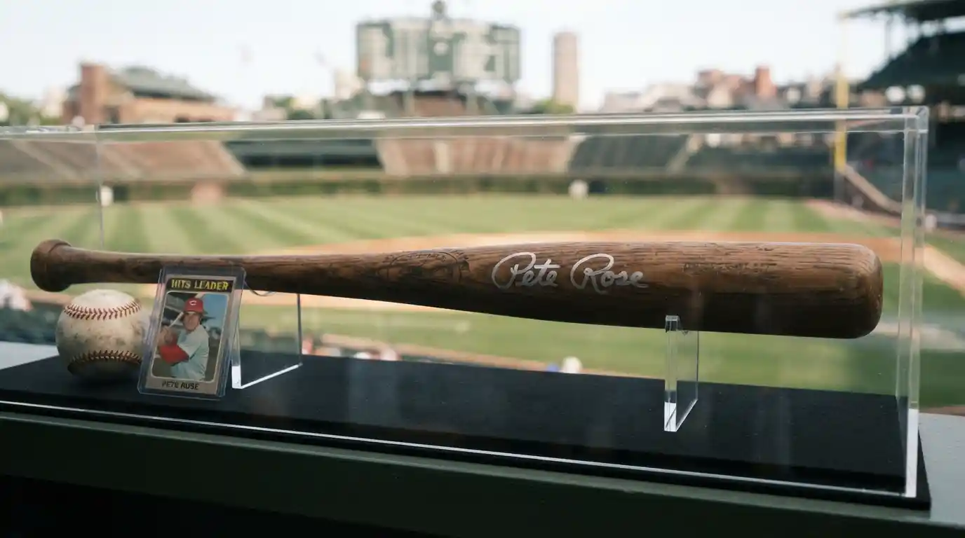 Pete Rose autographed wooden baseball bat displayed in a protective memorabilia case