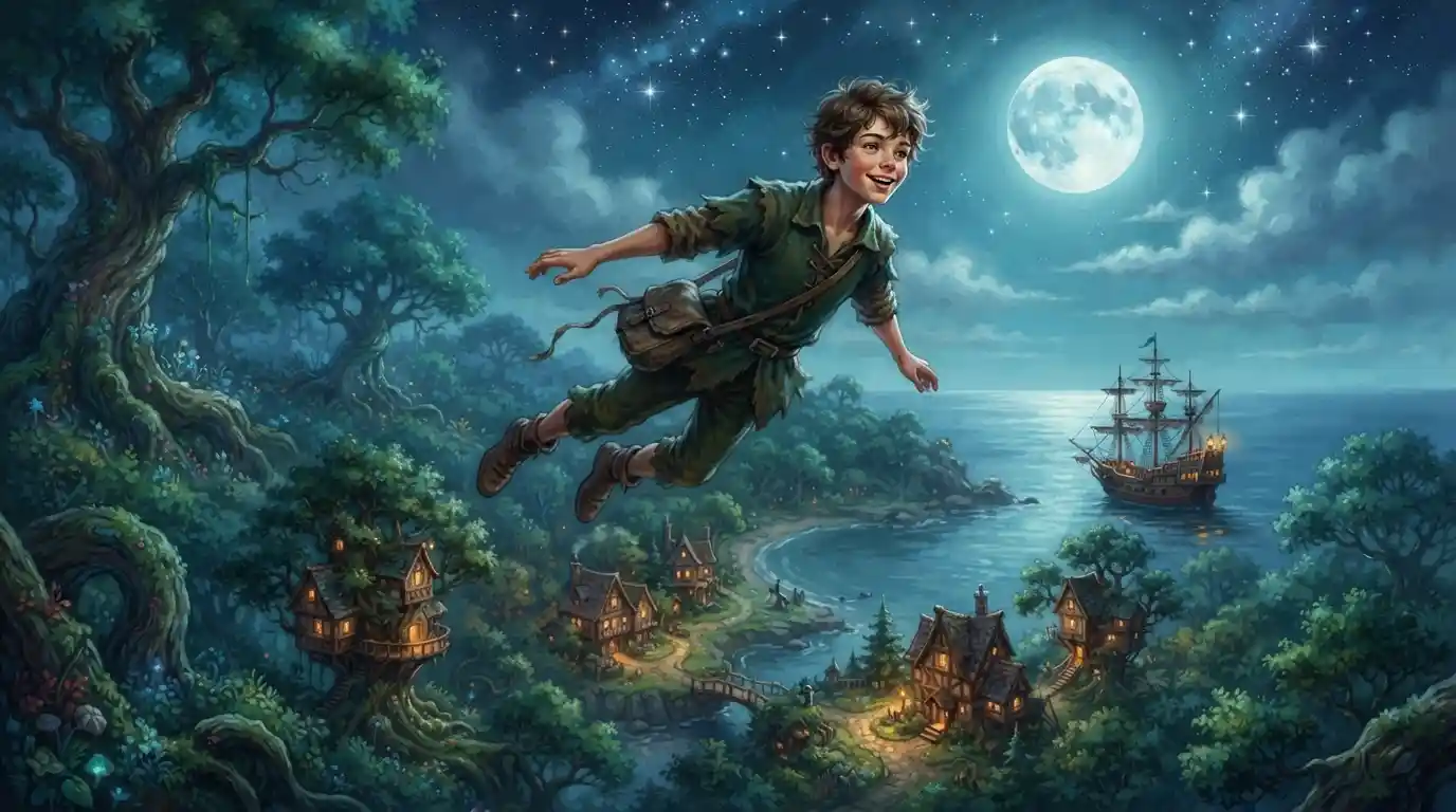 A Peter Pan-inspired flying boy above a moonlit Neverland landscape with a distant pirate ship