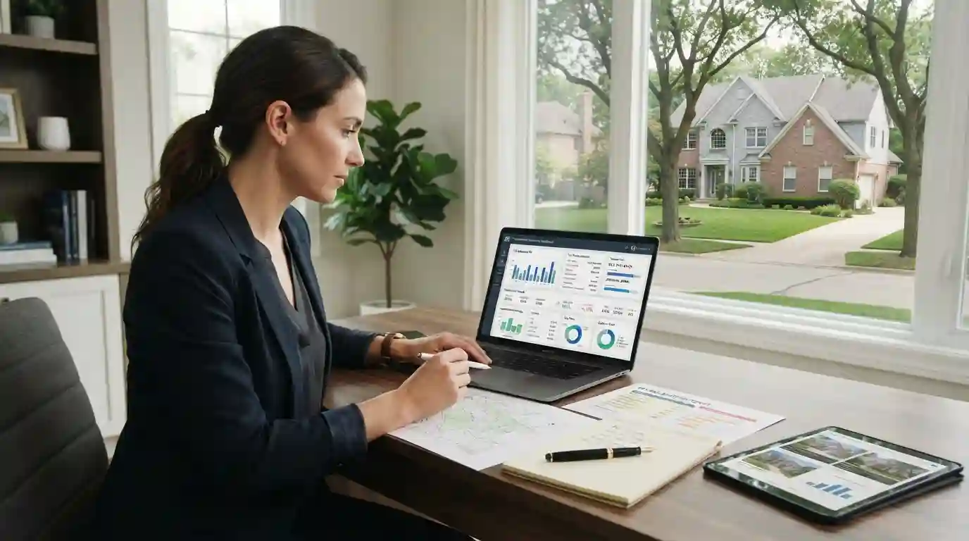 Real estate investor researching property records and investment information on a laptop