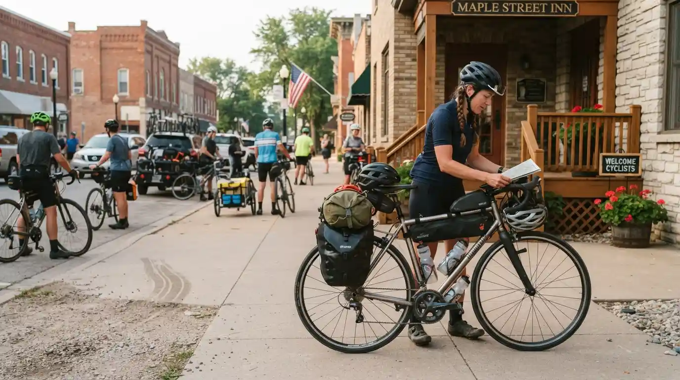 Cyclist with a road bike preparing outside a hotel in an Iowa town