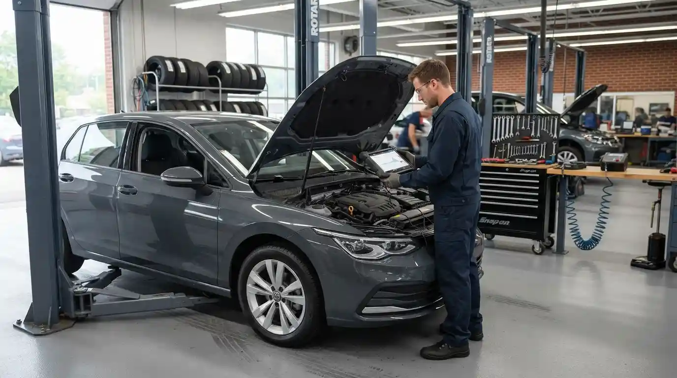 Mechanic inspecting a car inside a professional automotive service workshop