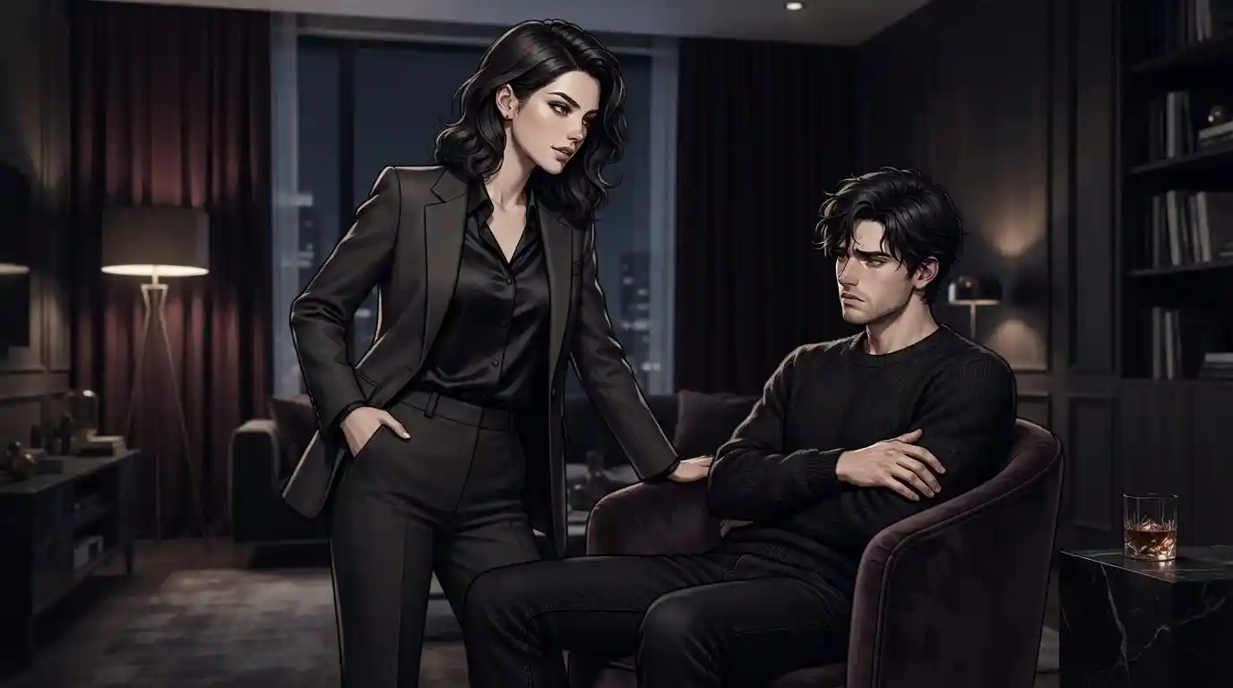 Two adult fictional characters in a dramatic dark-romance scene with contrasting expressions and cinematic lighting