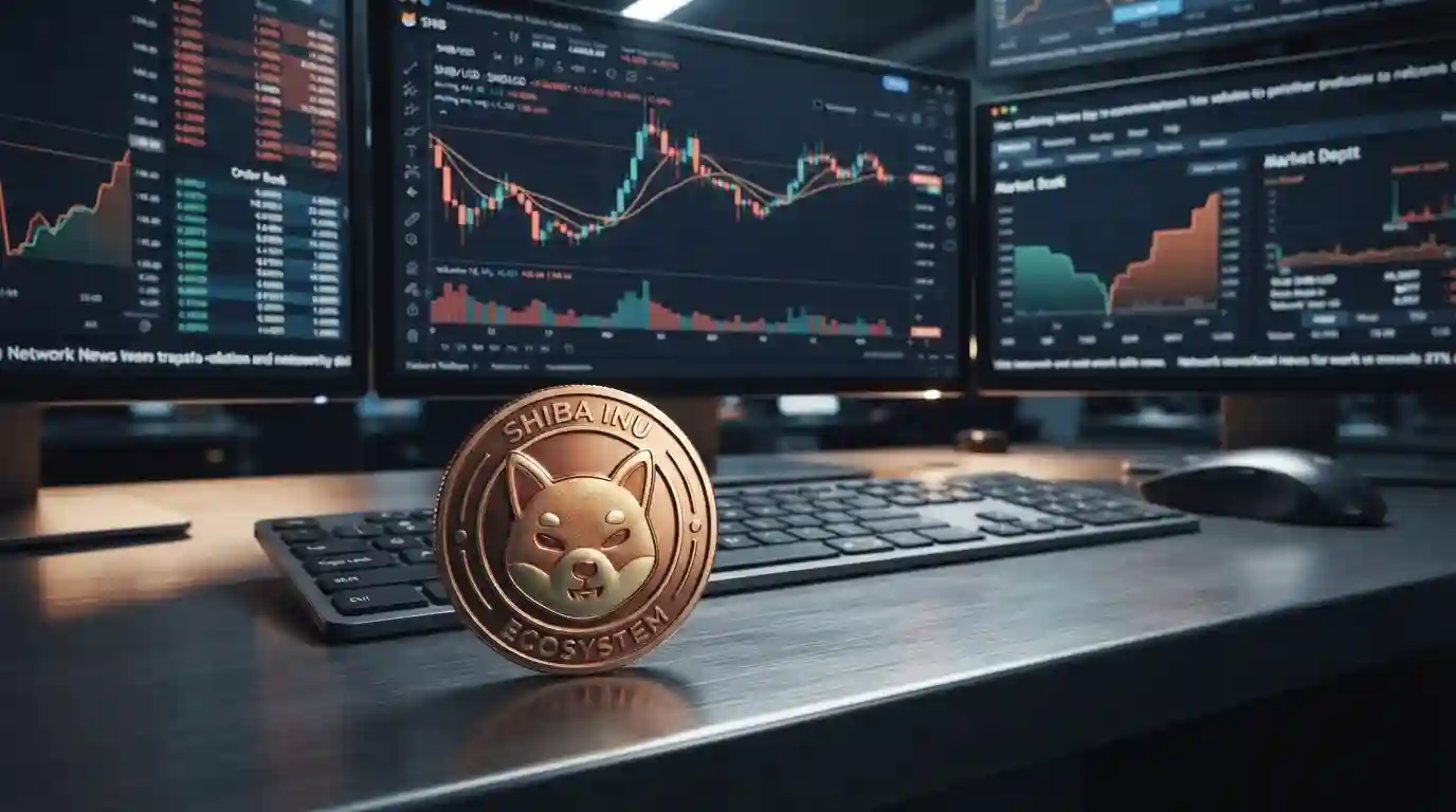 Shiba Inu cryptocurrency coin displayed against a digital market chart and blockchain-inspired trading environment