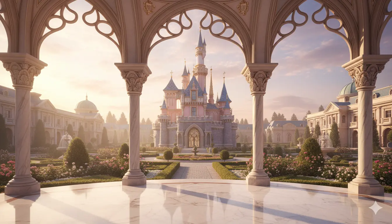 Enchanting luxury view of the Sleeping Beauty Pavilion with elegant architecture and fairytale atmosphere