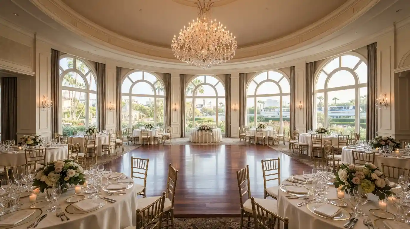 Elegant Sleeping Beauty Pavilion event space with round tables, floral décor, large windows, and a chandelier
