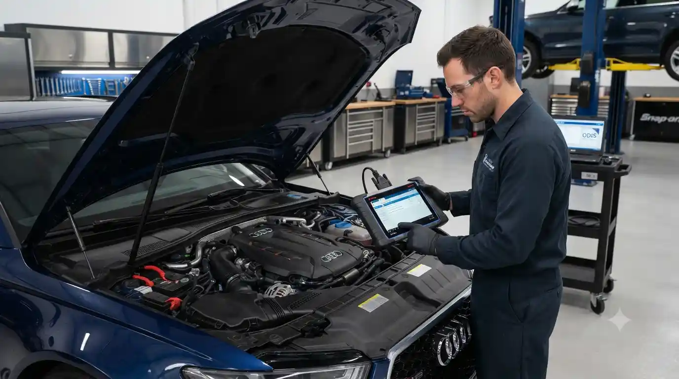 Spitfire Auto Electric Services technician diagnosing a vehicle's electrical system with advanced diagnostic equipment.