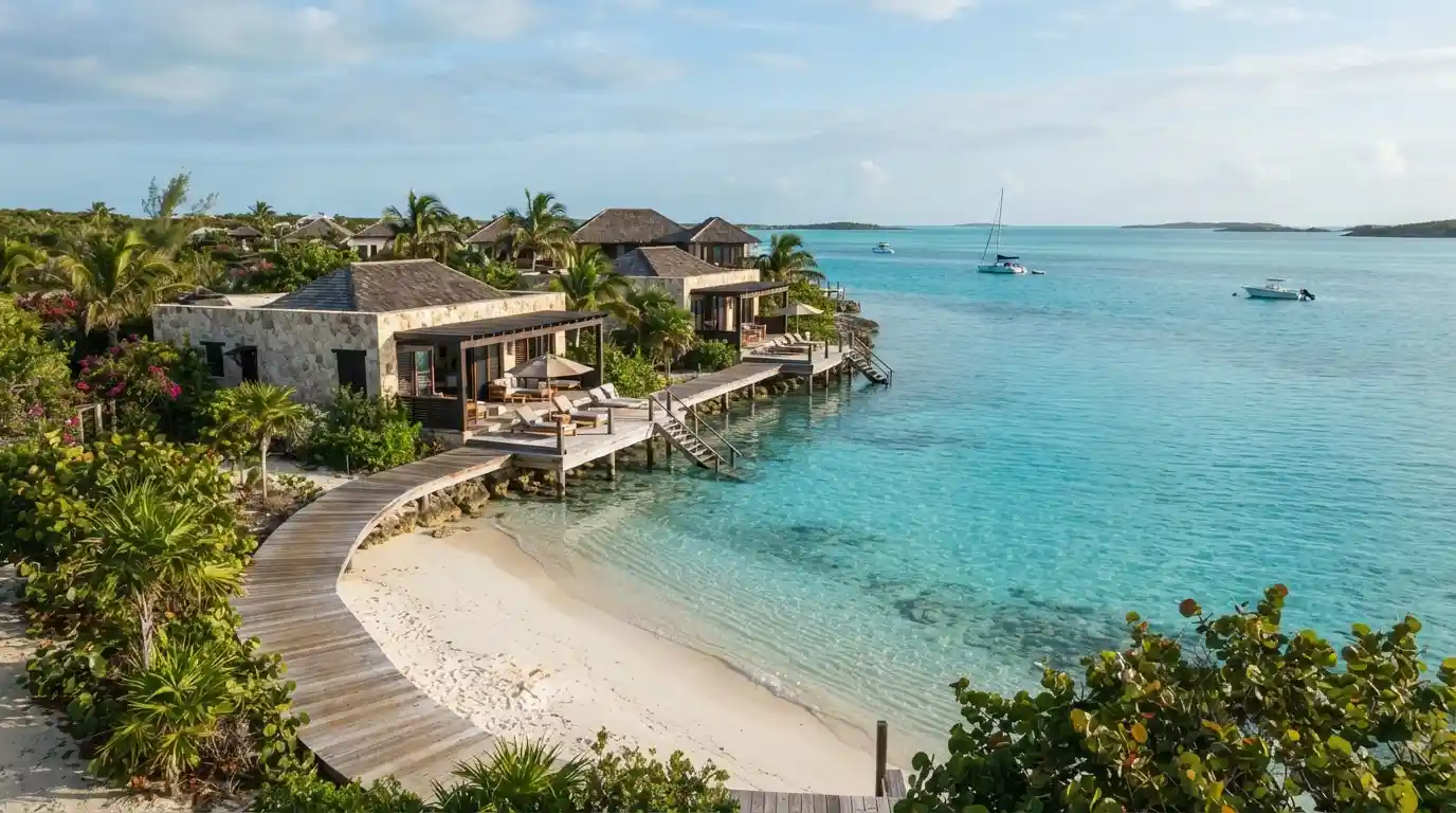 Waterfront island accommodation overlooking turquoise waters in Staniel Cay