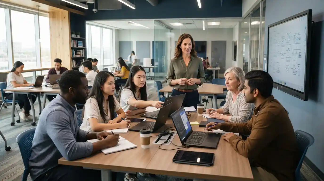 Students and professionals learning together in a modern technology-equipped classroom