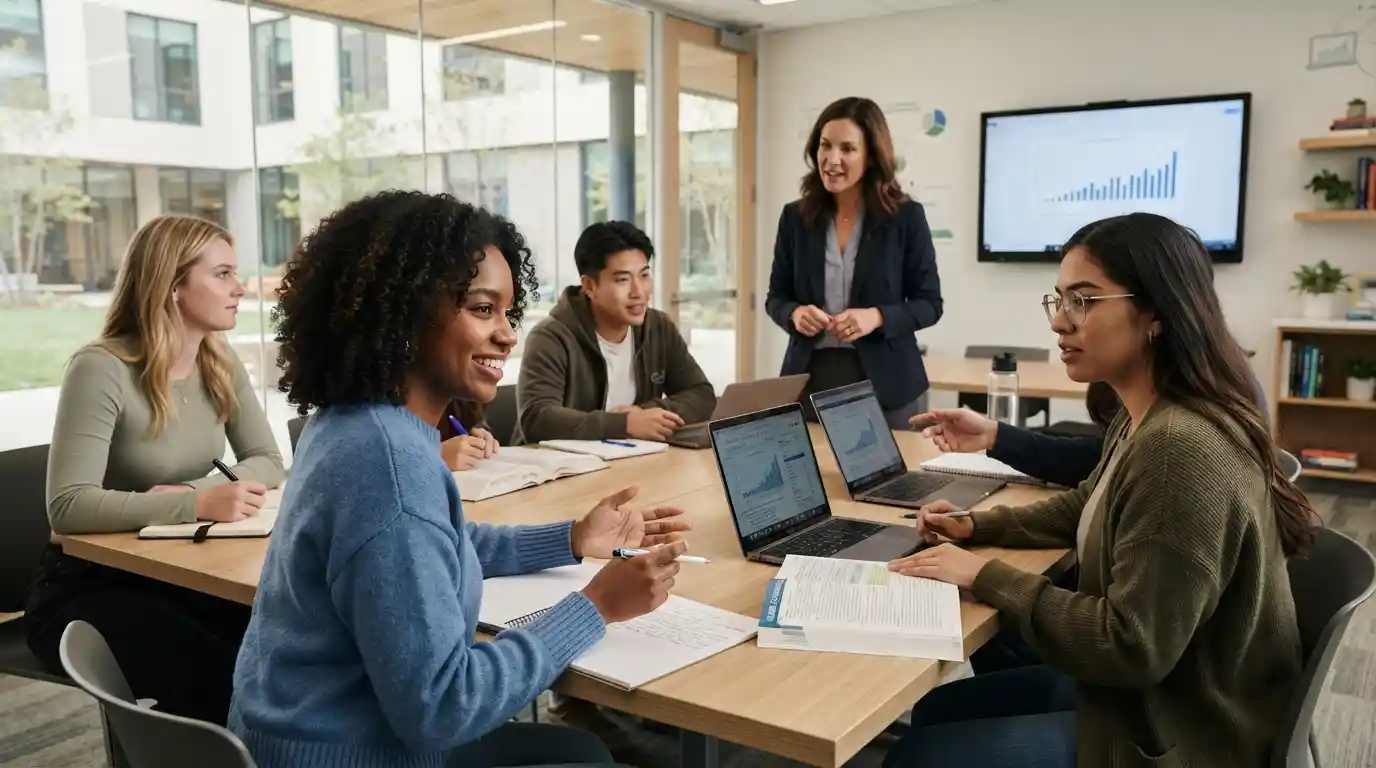Students working with an instructor in a modern classroom focused on personalized learning and academic development.