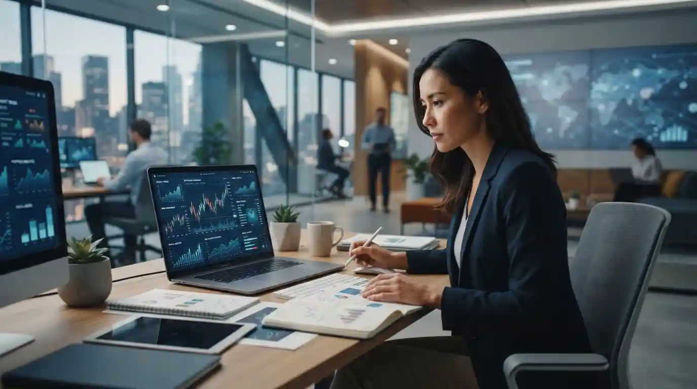 Financial analyst using digital technology and data tools to explore modern finance