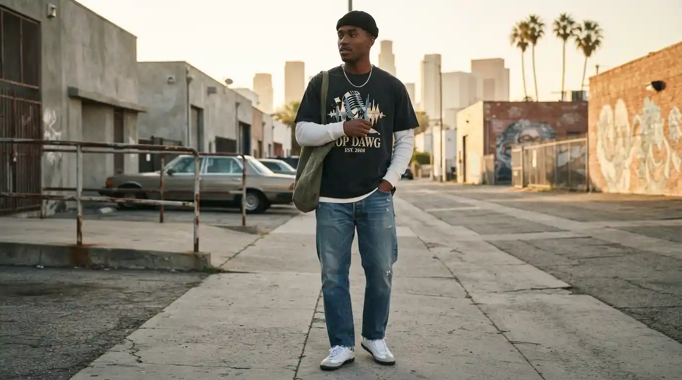 Young adult wearing a dark music-inspired graphic T-shirt with a modern streetwear outfit