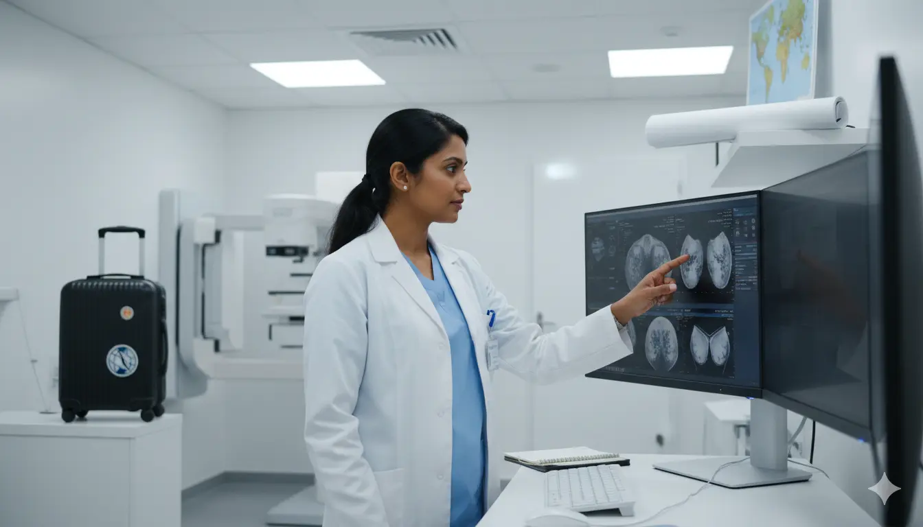 Travel mammography tech reviewing digital scans in a modern medical imaging center