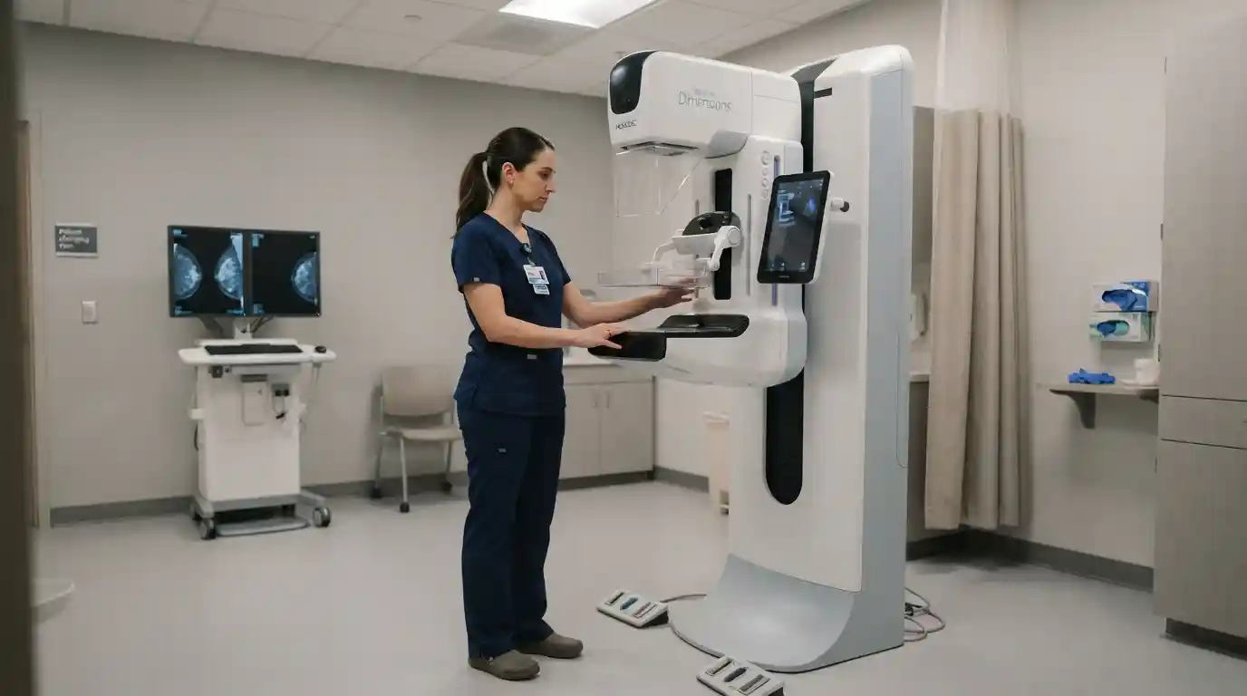 Mammography technologist working beside digital breast imaging equipment in a modern diagnostic facility