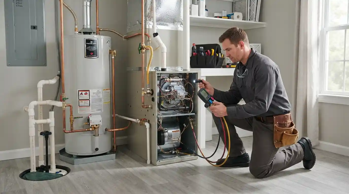 Professional home service technician inspecting residential HVAC equipment inside a clean home