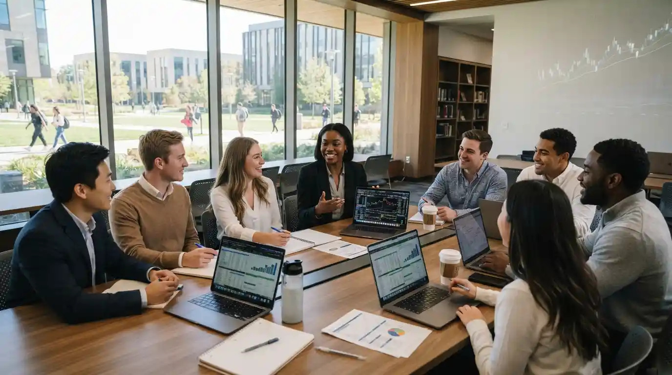 College students participate in a finance networking and career development session with laptops and financial charts.