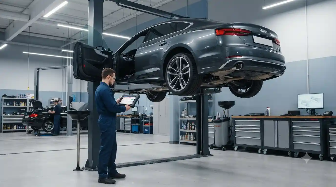 Professional European auto service workshop performing diagnostics on a luxury German vehicle.