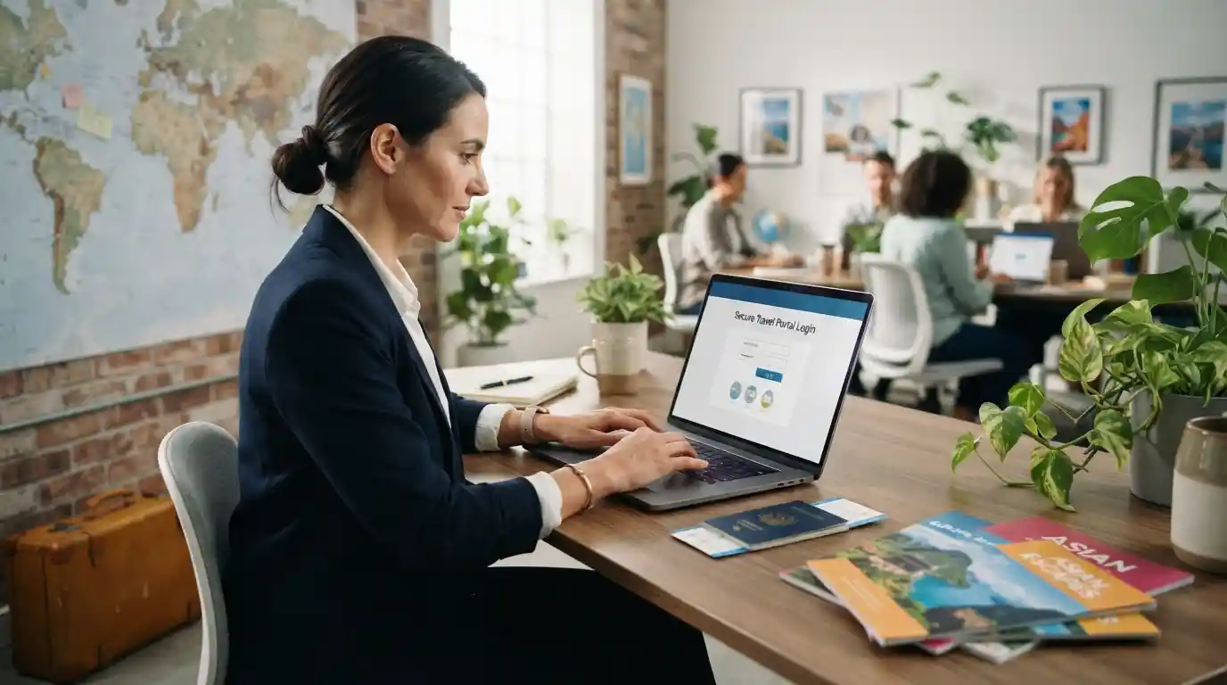 Travel professional accessing a secure travel account on a laptop beside a passport and travel planning materials