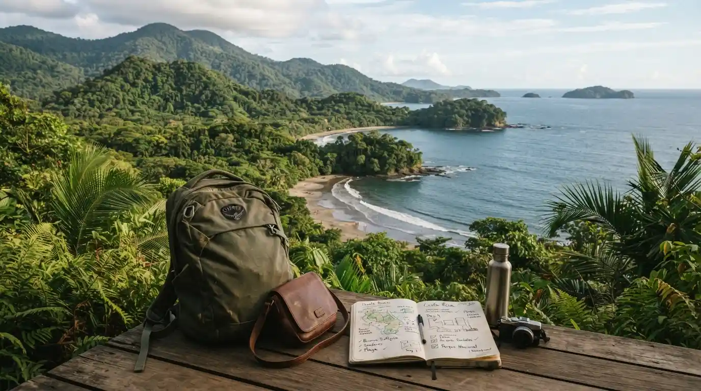 Costa Rican tropical coastline and rainforest landscape with travel-planning items in the foreground