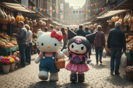 A high-resolution, realistic photo of Hello Kitty and Kuromi walking hand-in-hand through a busy, sunlit UK market. They are surrounded by various market stalls displaying fruits, vegetables, and flowers, with pedestrians in the background. Hello Kitty wears blue overalls and carries a small basket, while Kuromi is dressed in a purple and black outfit. Both characters have joyful expressions, set against a detailed urban backdrop with colorful bunting overhead.