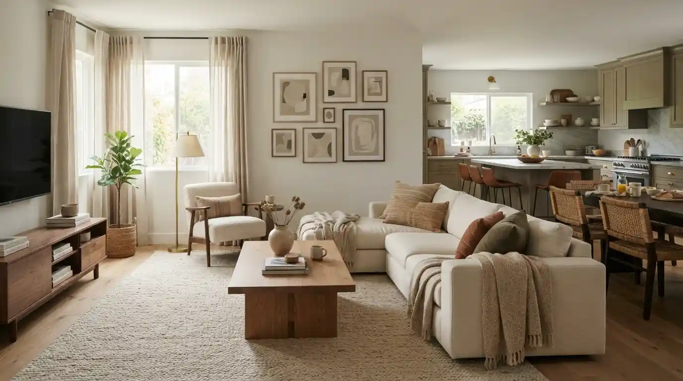 Modern living room with neutral furniture, layered lighting, natural wood accents, artwork, and indoor greenery