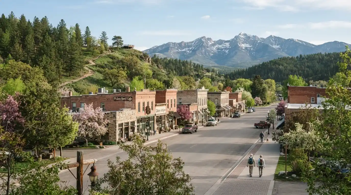 Peaceful spring town surrounded by green hills, flowering trees, and scenic outdoor landscapes