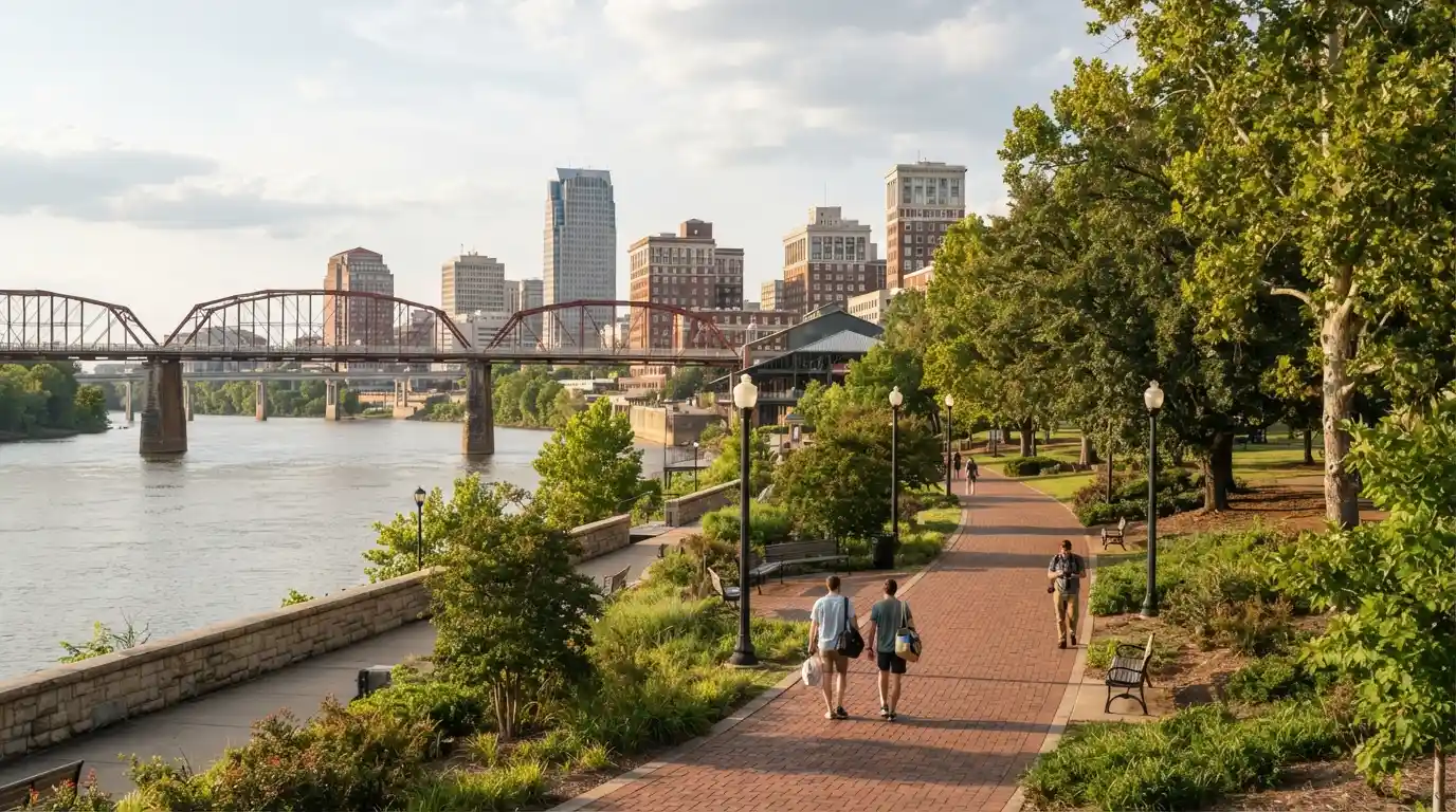 Little Rock Arkansas cityscape and riverfront setting for travel and cultural sightseeing