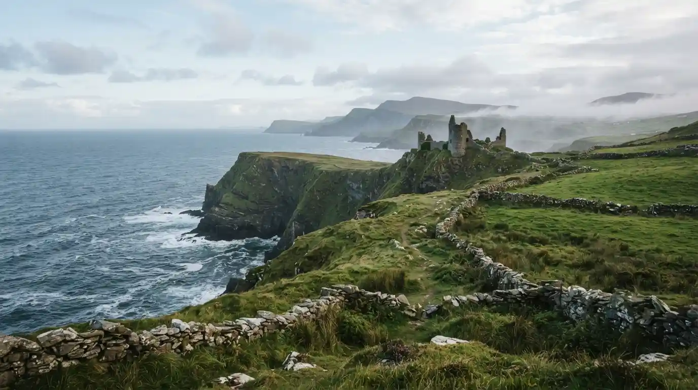 Dramatic Irish coastal cliffs, green countryside, and a historic stone ruin beneath a cloudy sky