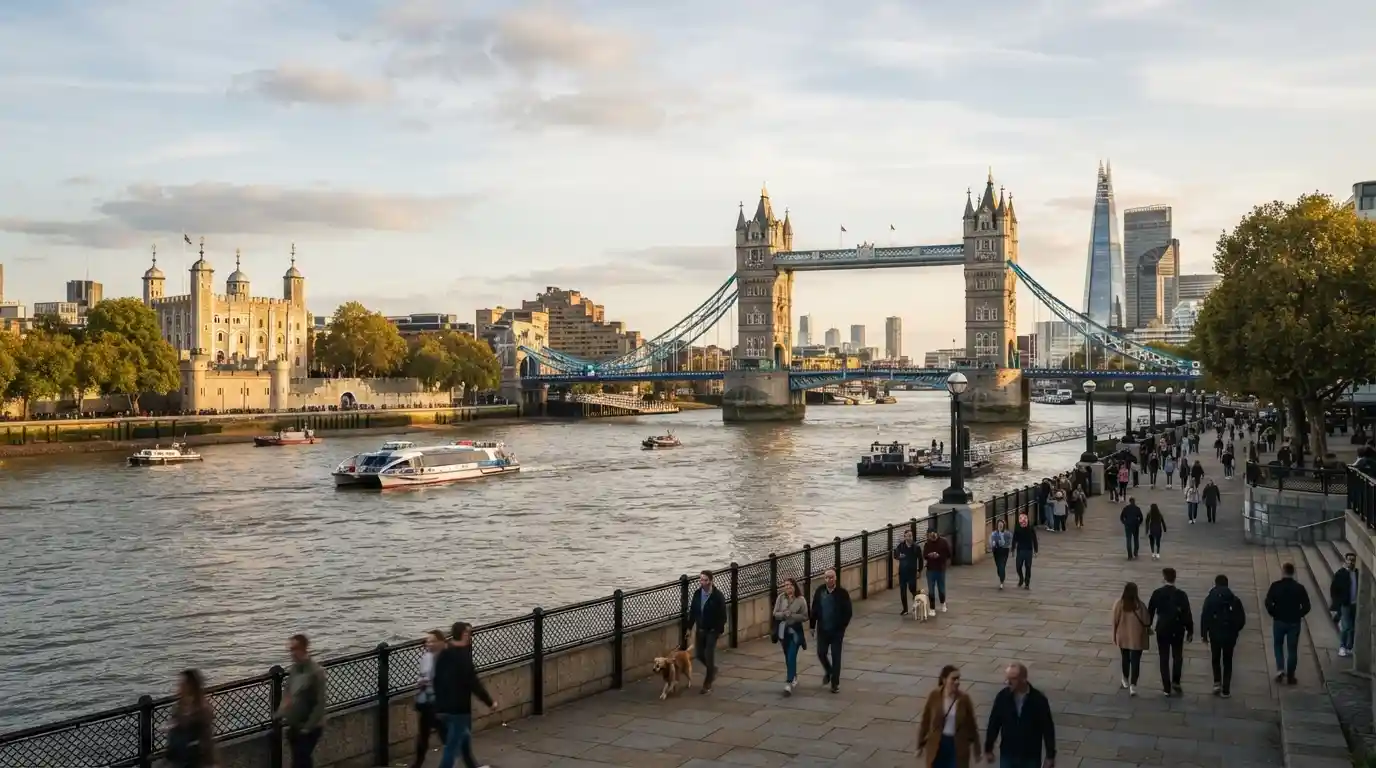 Tower Bridge and the London skyline viewed from the Thames riverside