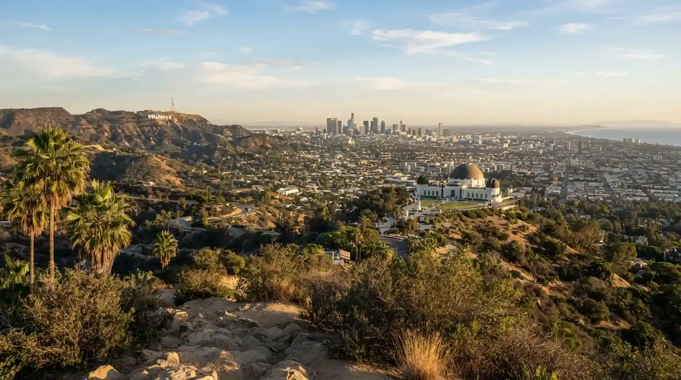 Los Angeles skyline with the Hollywood Sign and Griffith Observatory at golden hour