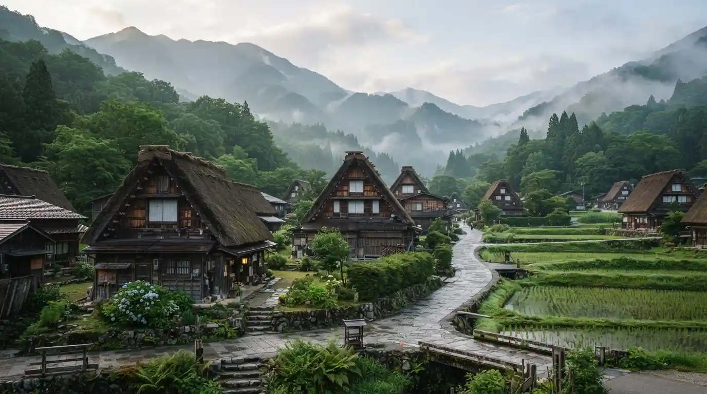 Traditional Japanese mountain village surrounded by misty green mountains