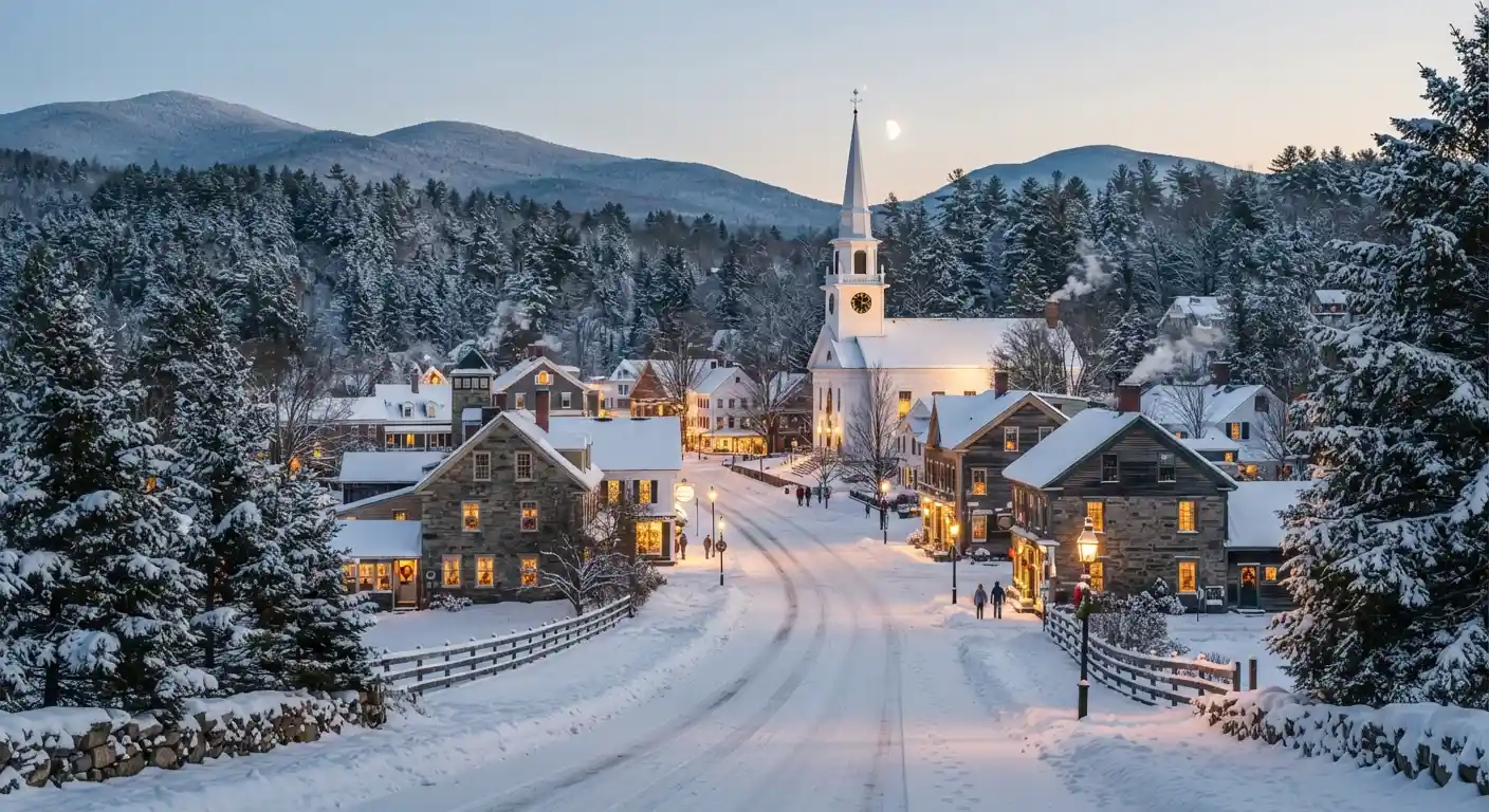 Snow-covered New England village with mountains, evergreen trees, and cozy winter scenery