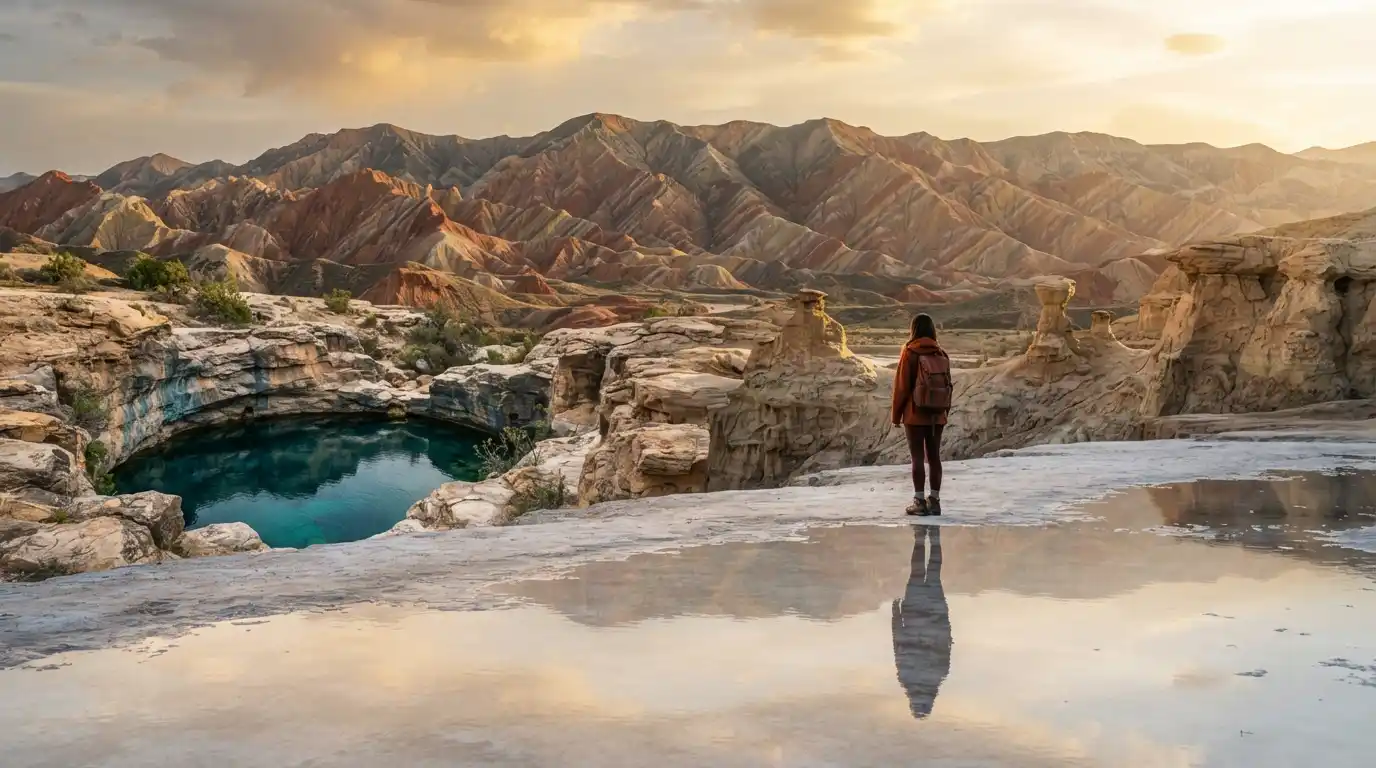 Traveler viewing an extraordinary landscape inspired by surreal natural destinations around the world