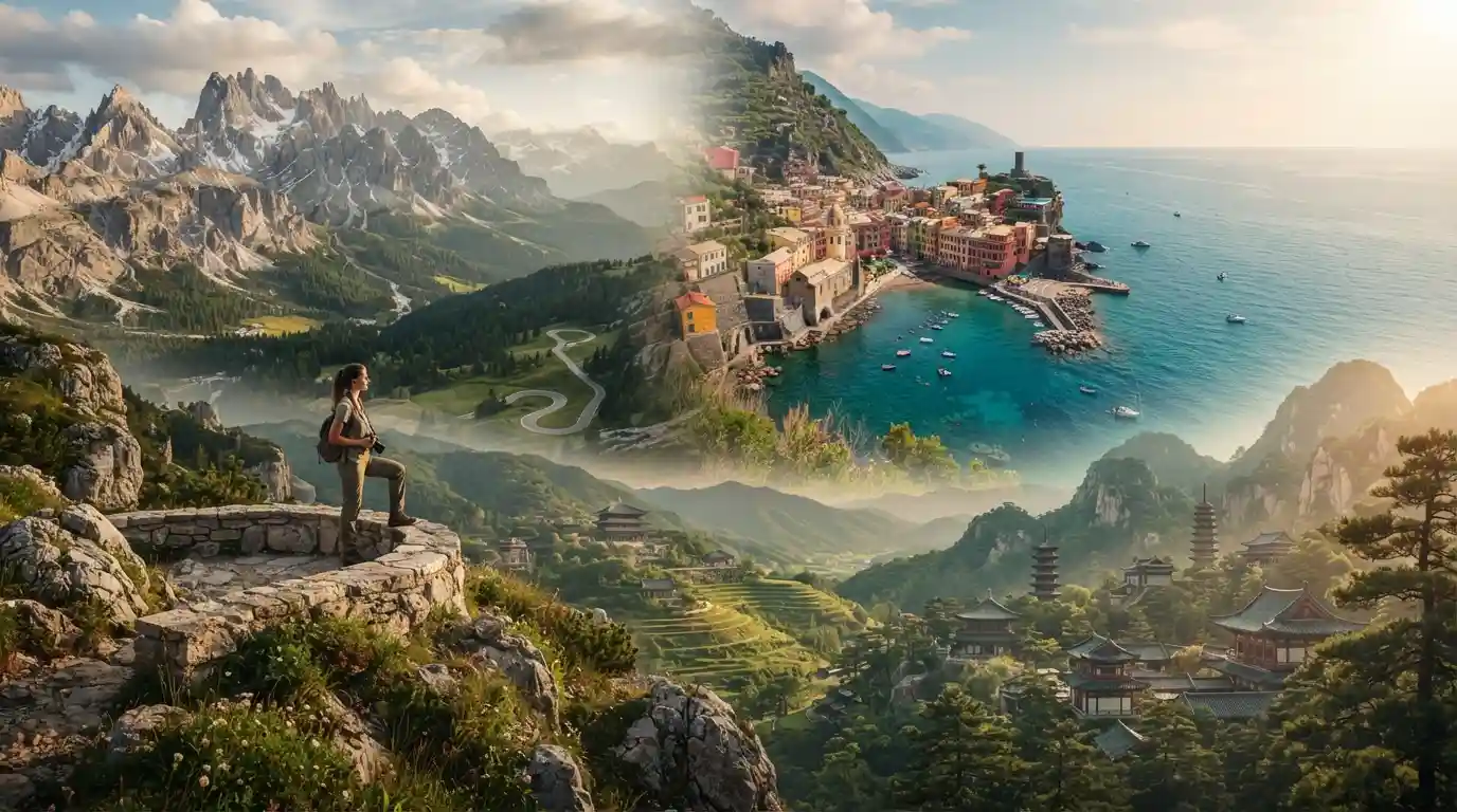 Scenic global travel destinations featuring mountains, coastline, and historic architecture