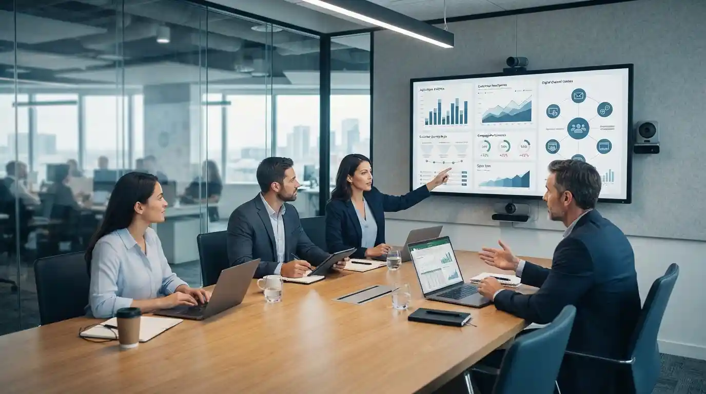 Business professionals analyzing digital marketing analytics and growth strategies in a modern office