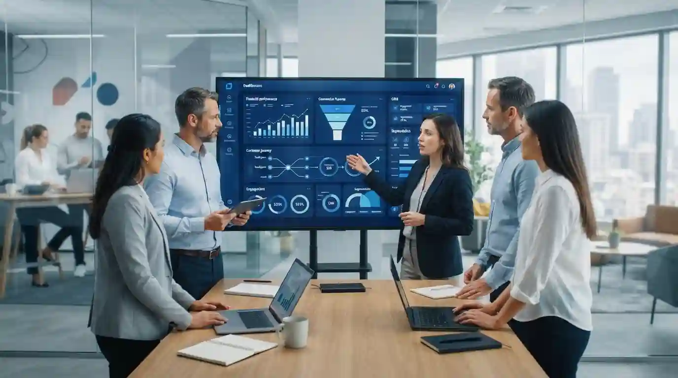 Financial services marketing team analyzing digital analytics and customer growth strategies